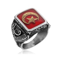 Gümüş Kırmızı Ay Yıldız Erkek Yüzük (551168998)