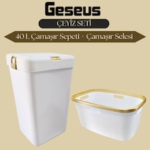 Geseus Motek Tekli 40 Lt Kirli Çamaşır Sepeti+çamaşır Selesi Ikili Set, Çeyiz Seti Gold+beyaz Beyaz