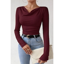 Kadın Bordo Salaş/degaje Yaka Uzun Kollu Bluz Bordo