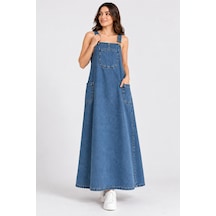 Bul-al Kadın Uzun Denim Jile Elbise Askılı Cepli Jean Elbise Mavi