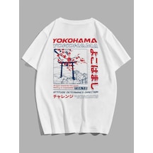 Unisex Oversize Yokohama Baskılı Beyaz T-shirt Beyaz
