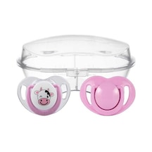 Mamajoo Ortodontik Emzik Seti 12 Ay+ Pembe & İnek 2'li Silikon - Damaklı Sterilizasyon + Saklama Kabı