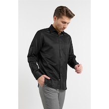 İmza Siyah Kendinden Desenli Sert Yaka Uzun Kol Cepli Comfort Fit Pamuklu Gömlek 1004255269