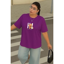 Büyük Beden Ayıcık Baskılı Unisex Tişört Mor