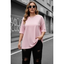 Mily Kadın Büyük Beden Battal Basic Bisiklet Yaka Pamuklu T-shirt Rahat Kesim Unisex Sevgili Kombini Pembe