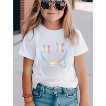 Uyguntarz Çocuk Emoji Hologram Baskılı Pamuklu Tshirt Beyaz
