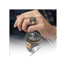 Oval Mistik Topaz Taşlı Harfli 925 Gümüş Erkek Yüzük