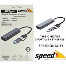 Speed Uet01 10-100-1000 Usb - Type C 3 Port Usb 3.0 Çoklayıcı Gigabit Ethernet Çevirici