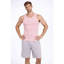 Ertaştrendstore Erkek Fitilli Atlet Sıfır Yaka Slim Fit Arka Baskılı Spor Atlet - Pembe Çoklu Renk