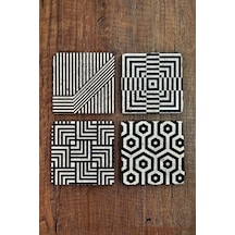 Doğaltaş Bardak Altlığı 4'lü Set - Siyah Çizgi Desenler Baskılı - Stone Coasters Çok Renkli