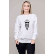 Sakallı Skull Siyah Baskılı Beyaz Kadın Sweatshirt