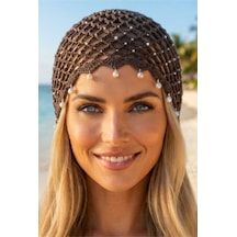 Tezzgelsin Kadın İnci Sallantılı Crochet Bere Bohem Plaj Aksesuarı Yazlık Bandana Şapka Kahverengi