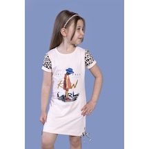 Toontoy Kız Çocuk Baskılı Regular Fit Bisiklet Yaka Kısa Kollu Elbise - Garni & Bağcık Detaylı Pudra