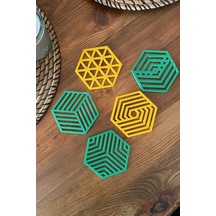 Kazanova Design Geometrik Altıgen Bardak Altlığı Seti Yeşil Ve Sarı Dekoratif