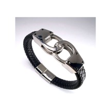 Erkek Siyah Ottoman Kelepçe Model Deri Çelik Bileklik Çelik