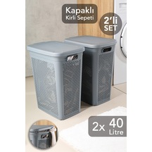 2'li Kirli Çamaşır Sepeti Seti - 40 Litre Kapaklı Delik Detaylı Stash Slim Kirli Sepeti Gri Gri