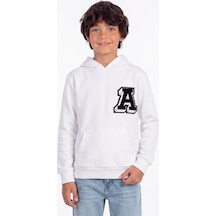 Onloox Erkek Beyaz Erkek Çocuk Beyaz Pamuklu Kapüşonlu Regular Kalıp Nakışlı Kanguru Cep Sweatshirt 9-14 Yaş