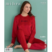 Mihra 13165-10 Kırmızı Bee Happy Paçası Lastikli Kadife Pijama Takım