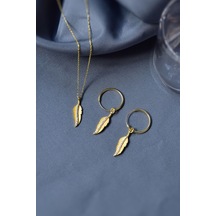 925 Ayar Gümüş Gold Kaplama Zirkon Taşlı Tüy Kolye Ve Halka Küpe Set