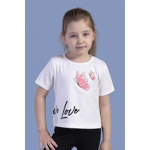 Toontoy Kids Toontoy Kız Çocuk Kelebek Baskılı Taş İşlemeli Tişört Ekru