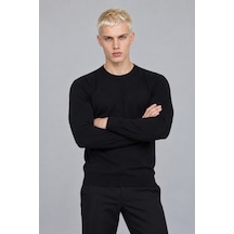 Hk Premium Erkek Fitilli Slim Fit Bisiklet Yaka Triko Kazak Siyah