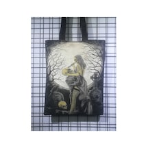 Owl Bag Gotik Tarz -aşk Intikam Desenli Tasarım Kumaş Omuz Çantası Siyah Beyaz