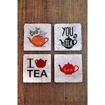 Doğal Taş Bardak Altlığı 10x10x1cm 4'lü Set - Çay Temalı Baskılı Stone Coasters Çok Renkli