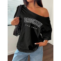 Startmore Startmore Büyük Beden Kayık Yaka Brooklyn Baskılı Oversize %100 Pamuk Siyah