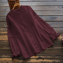 Bordo Zanzea Kadın Vintage Uzun Kollu Göğüslü Fırfırlı Bisiklet Yaka Bluz Üstler Bordo