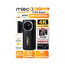 Mieco A7 4k Uhd Wifi Adas 150 Derece Ultra Geniş Açı Gece Görüşü Ön - Arka Araç Kamerası 2025 - Hafıza Kartı Hediyeli