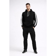 Erkek Şeritli Kapüşonlu Sweatshirt Oversize 3 İplik Pamuklu Hoodie - Siyah