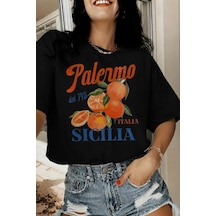 Palermo Sicilya Portakal Temalı Bisiklet Yaka Pamuklu Oversize T-shirt SIYAH