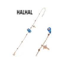 Gümüş Kutup Yıldızı ve Mineli Turkuaz Taşlı Toplu Zincir Halhal Turkuaz