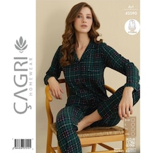 Çağrı Kadın Kışlık Süet Uzun Kollu Önü Düğmeli Pijama Takımı Yeşil