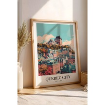 Quebec City Canada Vintage Seyahat Posteri Çerçeveli Tablo - Premium Şato Manzaralı Duvar Dekoru Kayın