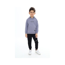 Toontoy Kids Toontoy Erkek Çocuk 2'li Takım Baskılı Kapüşonlu Cepli Sweatshirt & Beli Paçası Lastikli Cepli Jogger Eşofman Altı - Renk Bloklu & 2 İplik Koyu Gri