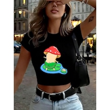 Noıssey Banyo Mantarı Baskı Kadın Kırpma T-shirt Yaz Yüksek Elastik Yumuşak Üstler Uydurma İnce Kısa Siyah