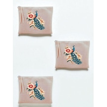 Tavus Kuşu Baskılı 3'lü Makyaj Çantası 20x25 Cm - Büyük Makyaj Çantası