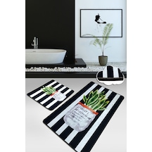 ALOEVERA 2 Li Set Banyo Halısı Paspas Yıkanabilir Kaymaz Taban Klozet Takımı Beyaz - Siyah