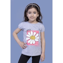 Toontoy Kids Toontoy Kız Çocuk Papatya Baskılı Taş İşlemeli Tişört Gri Melanj