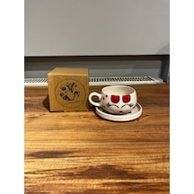 Kedi Desenli Tabaklı Seramik Kupa, Mug, Double T. Kahvesi Filtre