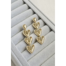 Kadın Küpe Kararmaz 14k Renk Vip Seri Üç Kalp Sallantı 6 Cm Küpe Altın