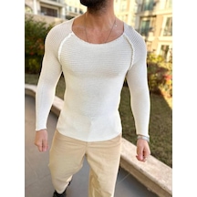 Kazak Slim Fit Triko Dar Kesim Geniş Yaka Yumuşak Dokulu Pamuklu Kazak Ekru