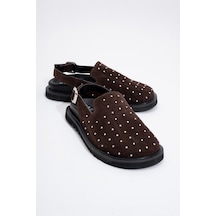 Luvishoes Our Kahverengi Hakiki Deri Süet Zımbalı Burnu Kapalı Kadın Sandalet Kahverengi