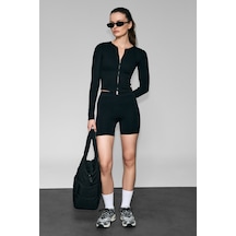 Grımelange Urban Beat Tullıa Kadın Önü Fermuarlı Baskılı Esnek Ve Yumuşak Kumaşlı Slim Fit Siyah Bluz Siyah