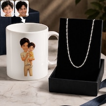 Bk Gift Kişiye Özel Baba&çocuk Karikatürlü Beyaz Kupa & Yaprak Model Zincir Kolye -2, Babalar Günü Hediyesi Gümüş