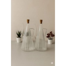Qerhome Borosilikat Cam 2'li Glazzy Çizgili Tasarım Yağlık & Sosluk 750 Ml Stantsız Şeffaf