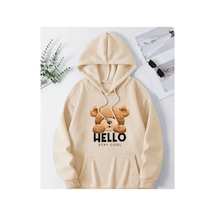 Herkesemoda Hello Stay Scool Baskı Detaylı Kapüşonlu Sweatshırt Bej Bej
