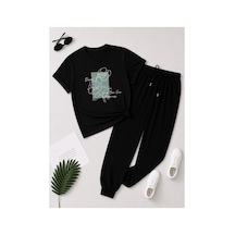 Herkesemoda Soft Çiçek Desen Baskı Detaylı T-shirt Eşofman Takımı Siyah