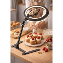 10" Masaüstü Ring Light Çekim Standı 30-47,5 Cm Ayarlanabilir Yükseklik, Telefon Tutuculu Ürün Video & Fotoğraf Çekim Selfie Işığı, Cz-035, Siyah
